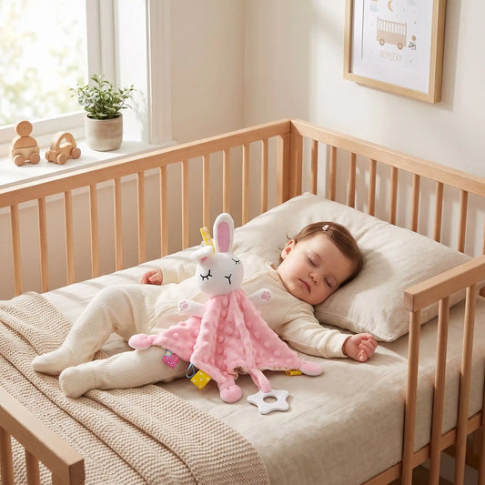 bebe endormi dans sa chambre avec un doudou lapin rose texture et un anneau de dentition