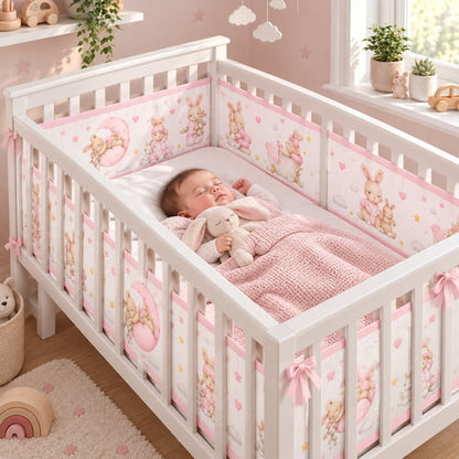Bébé endormi sous une couverture rose avec un tour de lit respirant motif lapin