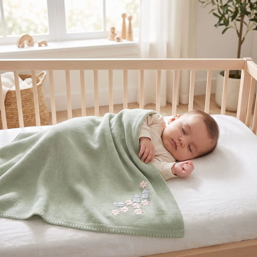 Bébé endormi sous une couverture tricot pour bebe verte à motif fleuri dans une chambre lumineuse et apaisante