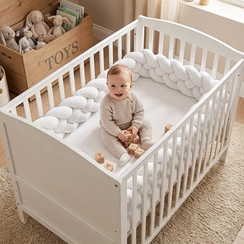 Bébé est assis dans son lit avec une tour de lit tressée blanche