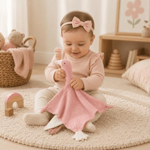 bébé fille assise sur une tapis joue avec un doudou oie rose claire dans une chambre douce
