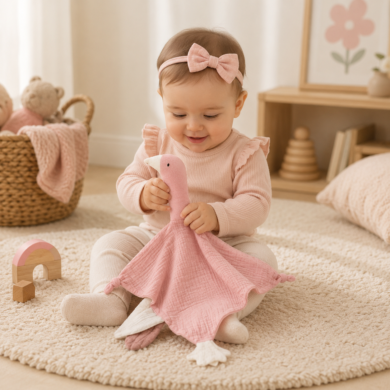 bébé fille assise sur une tapis joue avec un doudou oie rose claire dans une chambre douce