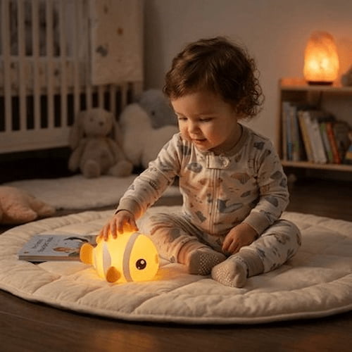 bebe jouant avec une veilleuse led en forme de poisson diffusant une lumiere douce et chaleureuse dans sa chambre