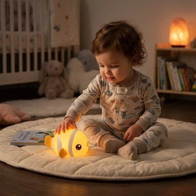 bebe jouant avec une veilleuse led en forme de poisson diffusant une lumiere douce et chaleureuse dans sa chambre