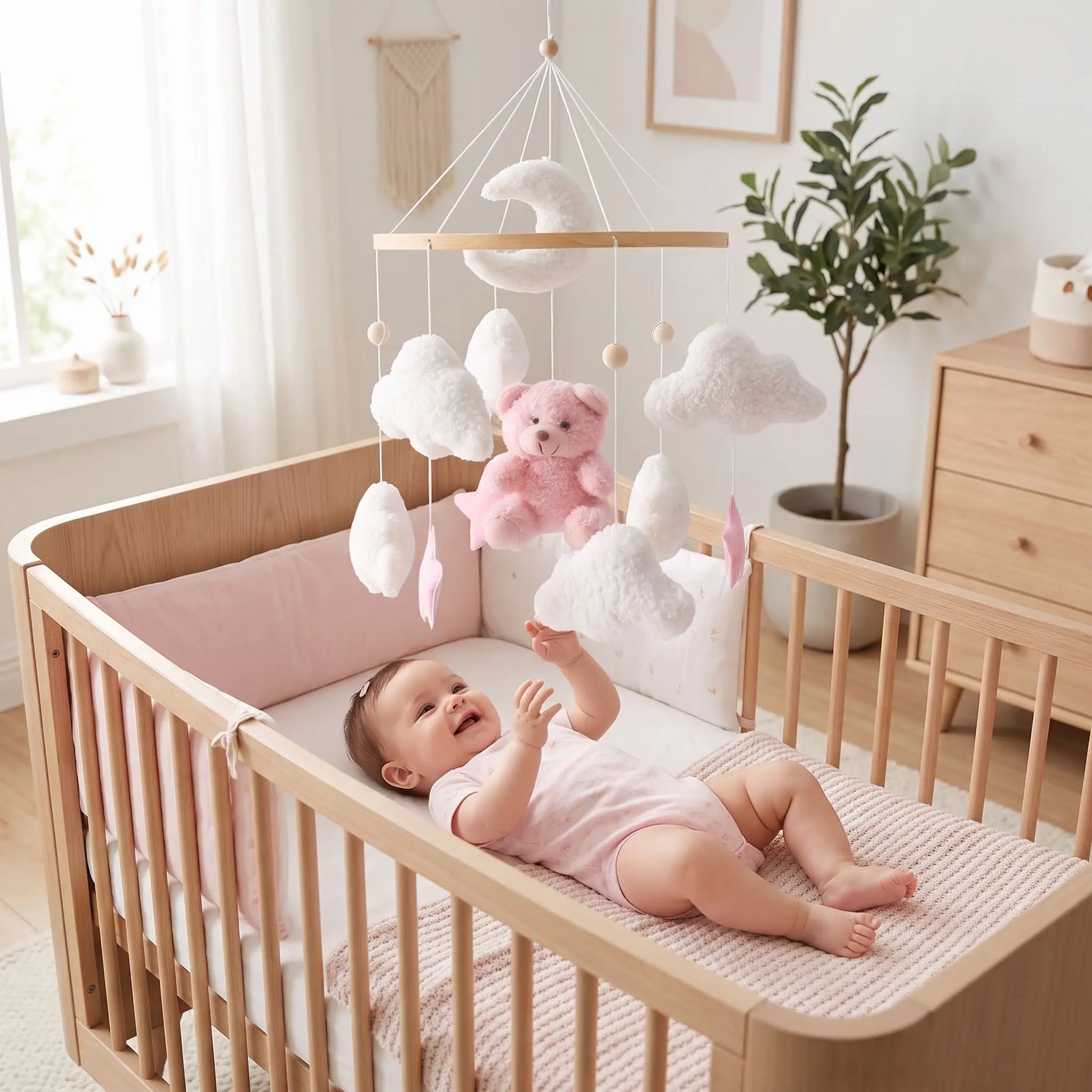 Bébé joue avec son mobile pour bébé ours rose en observant l’ourson et les nuages
