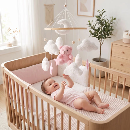 Bébé joue avec son mobile pour bébé ours rose en observant l’ourson et les nuages