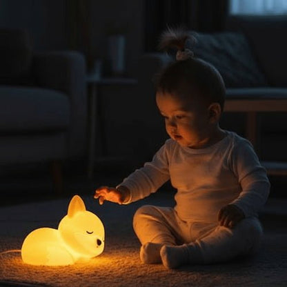 bebe joue avec une veilleuse renard en silicone