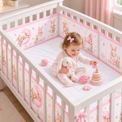 Bébé joue dans son berceau blanc avec tour de lit respirant motif lapin rose