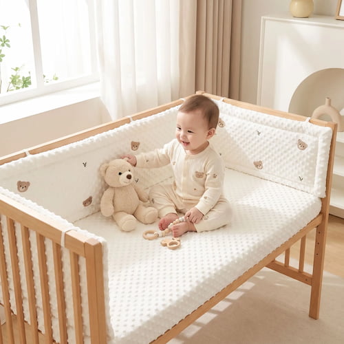 Bébé joue dans son lit avec un tour de lit respirant motif ours et feuilles