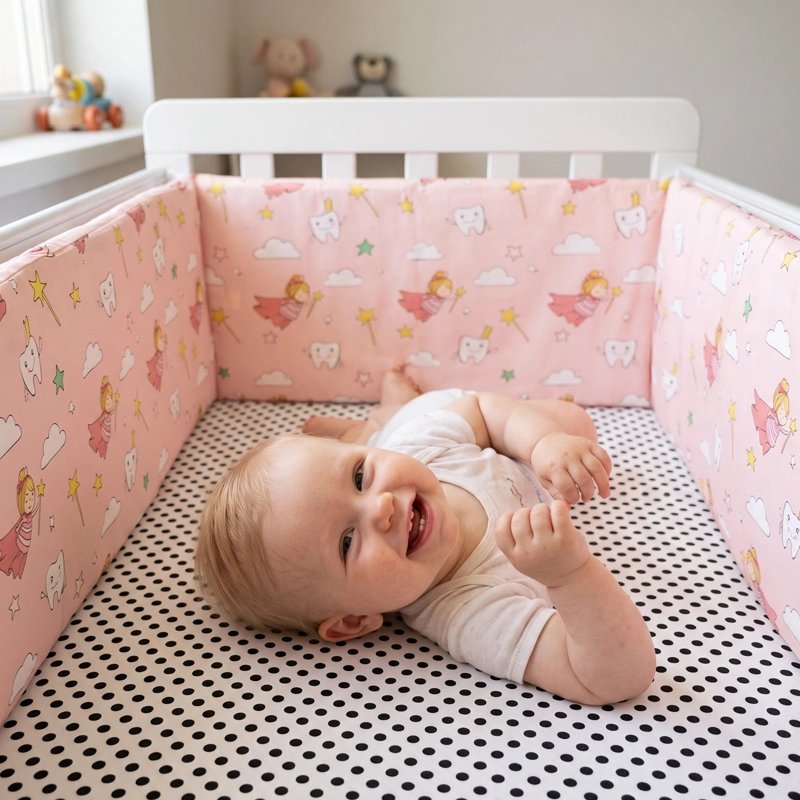 Bébé joue dans son lit avec un tour de lit rose à motifs féeriques.