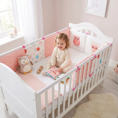Bébé joue dans son lit avec un tour de lit rose à motifs hiboux