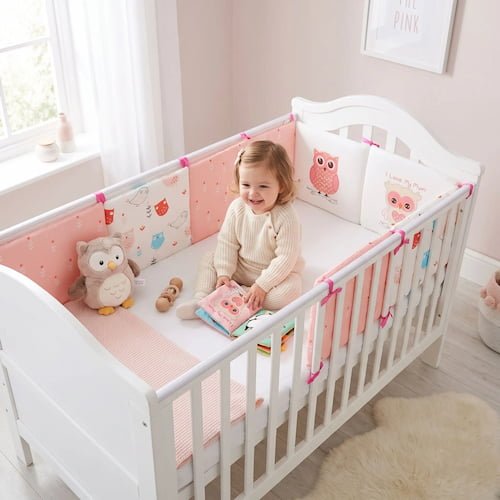 Bébé joue dans son lit avec un tour de lit rose à motifs hiboux