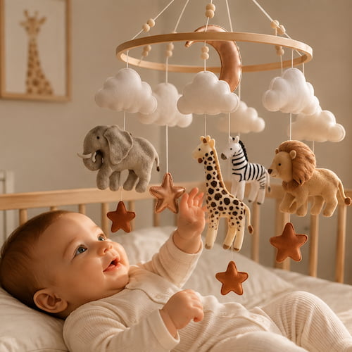 Bébé joue dans son lit et observe un mobile bébé avec des animaux de la savane suspendus