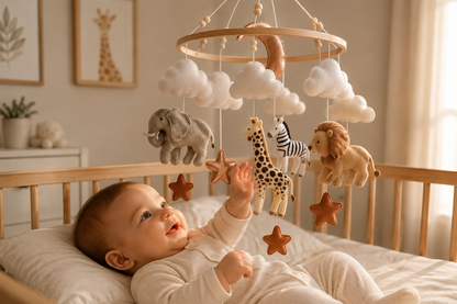 Bébé joue dans son lit et observe un mobile bébé avec des animaux de la savane suspendus