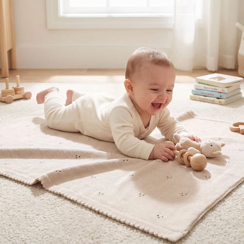 bebe joue joyeusement au sol sur une couverture bebe tricot beige douce et confortable