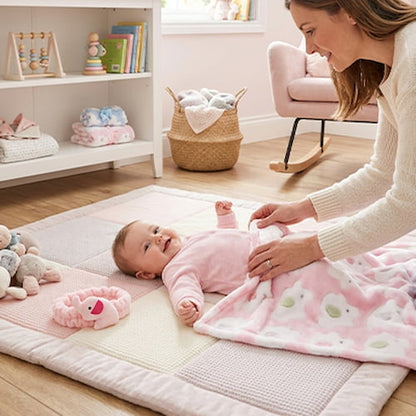 Bébé joue sur son tapis avec une couverture bébé polaire rose douce à motifs d’éléphants
