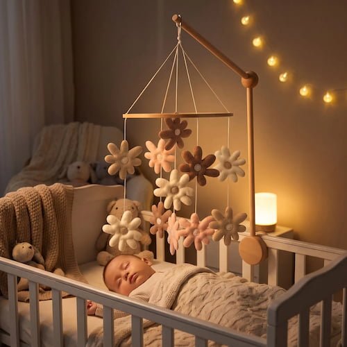 Bébé observe son mobile bebe pour lit avec des fleurs suspendues au-dessus de lui