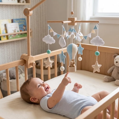 bebe observe son mobile pour bebe montgolfiere bleu