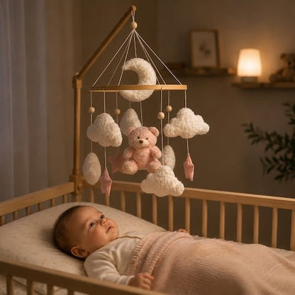 Bébé observe son mobile pour bébé ours rose dans son lit avec nuages et étoiles