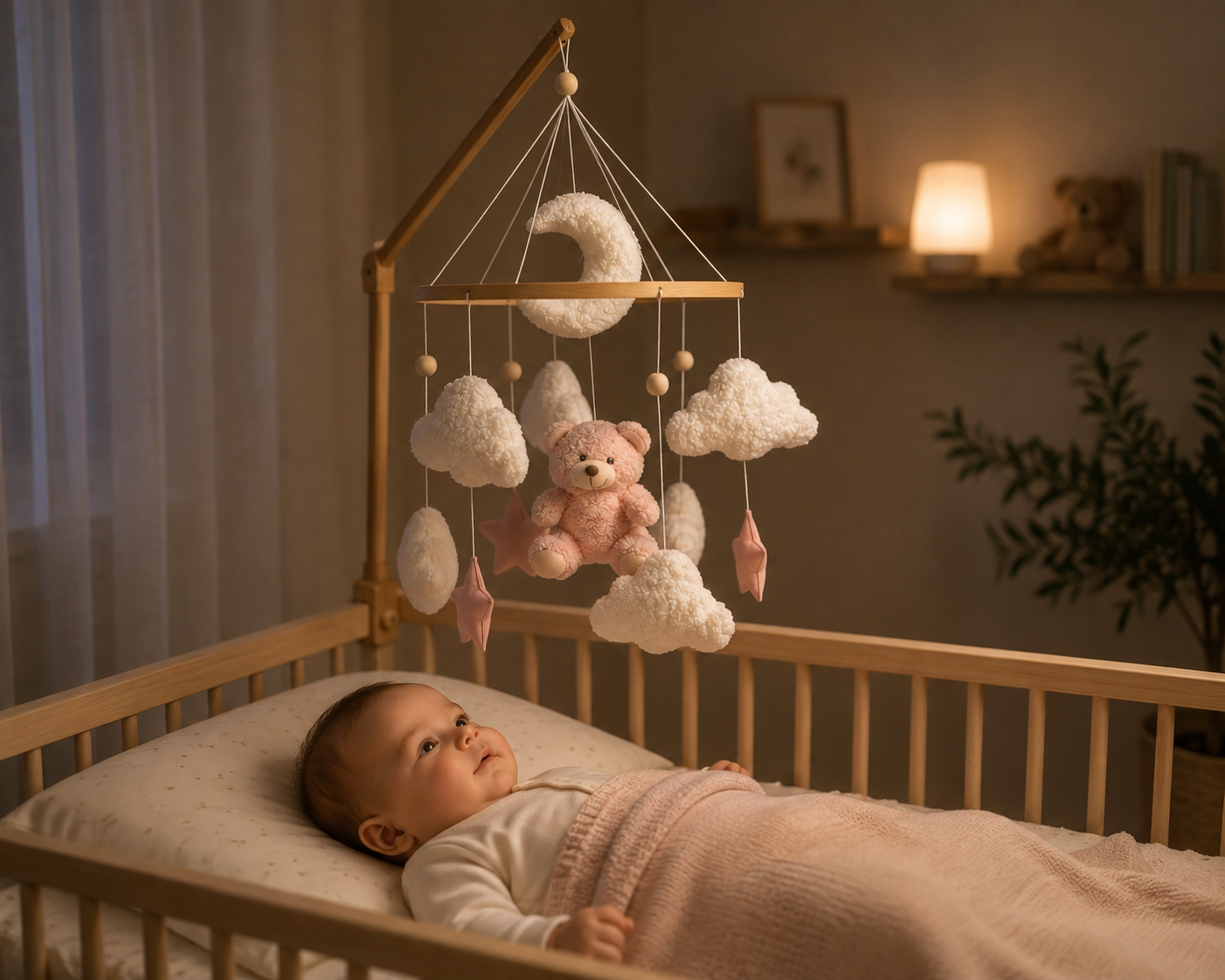 Bébé observe son mobile pour bébé ours rose dans son lit avec nuages et étoiles
