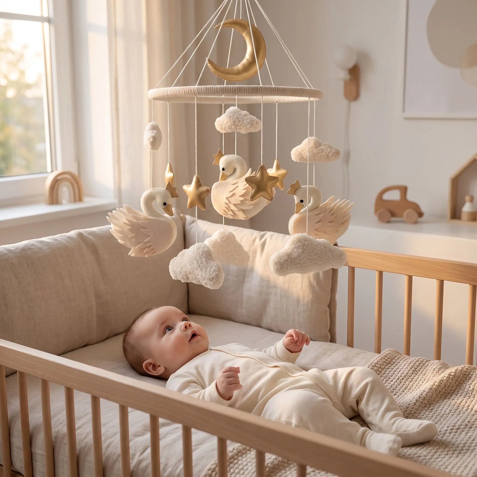 Bébé observe un mobile lit bébé motif le cygne avec trois cygnes étoiles dorées et nuages