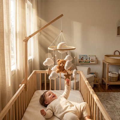 Bébé observe un mobile pour bébé en bois avec nuages, étoiles et ourson dans sa chambre