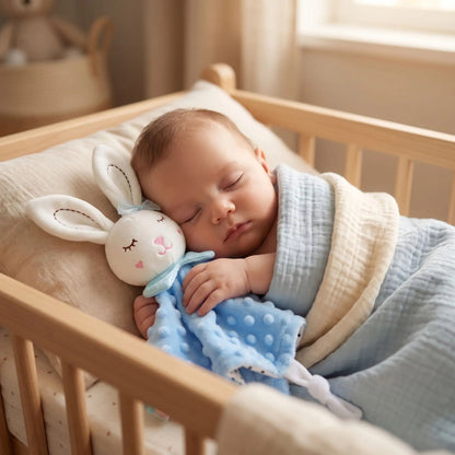 bebe paisiblement endormi dans son lit en serrant un lapin doudou bleu tout doux compagnon reconfortant pour le sommeil