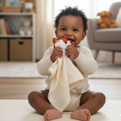 bebe qui joue avec son doudou renard