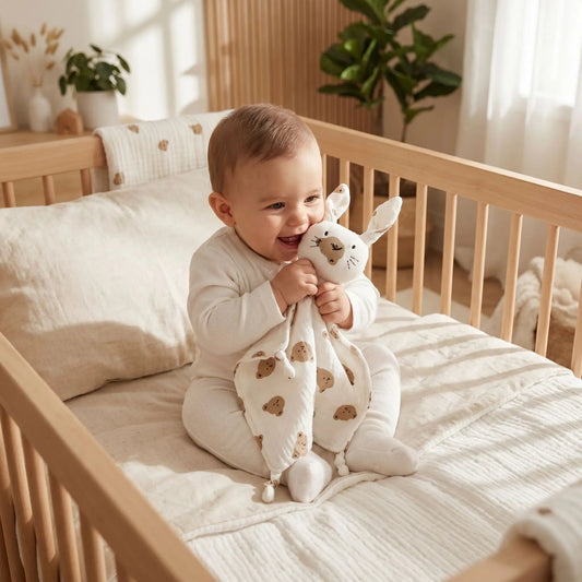bébé souriant assis dans son lit en bois serrant un doudou bebe motif tete d ours