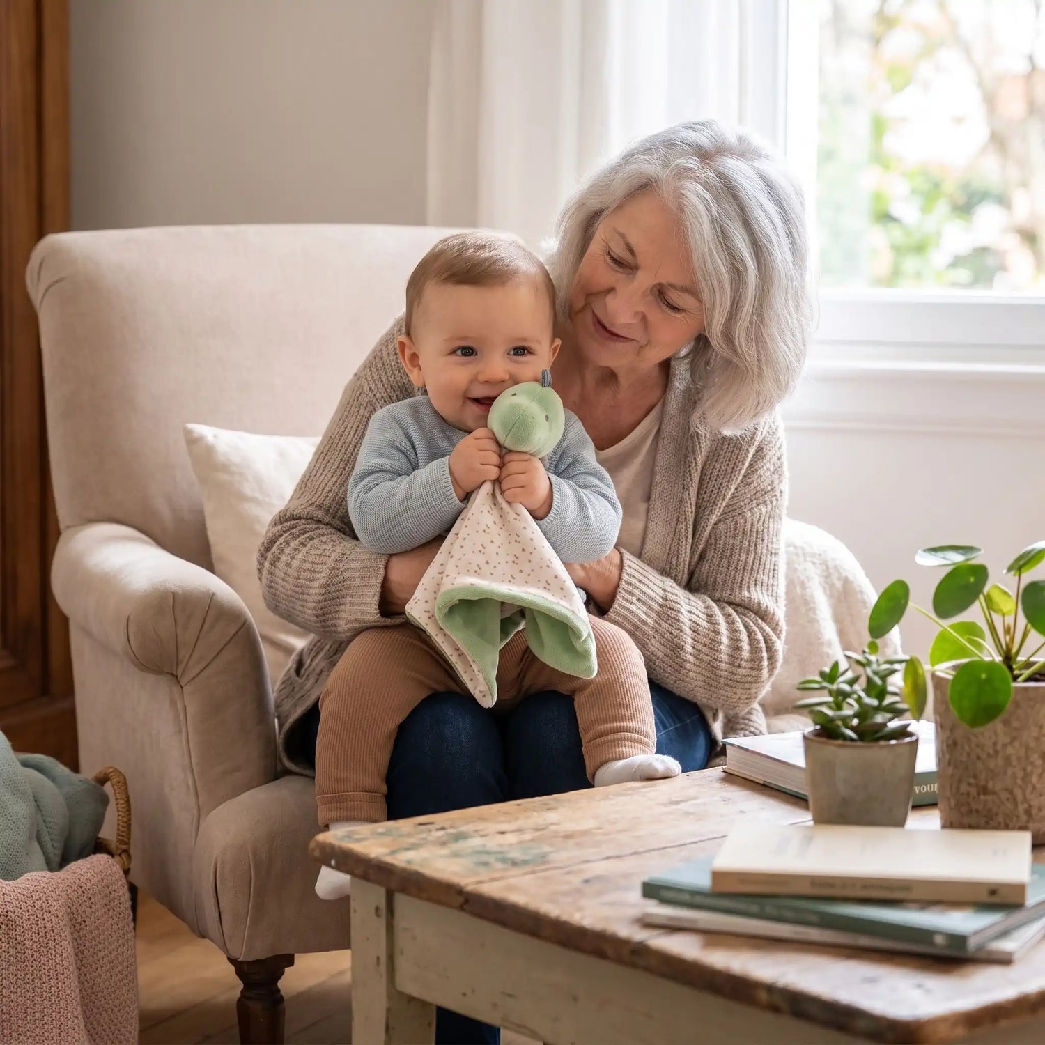 bebe souriant dans les bras de sa grand mere tenant un doudou pour bebe en tissu doux et naturel