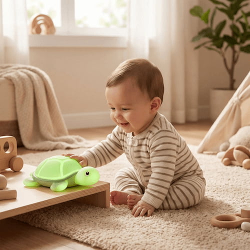 Bébé souriant découvrant une veilleuse tortue LED verte dans une chambre d'enfant apaisante