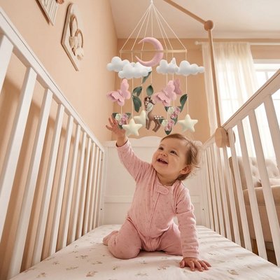 Bébé souriant découvre un mobile bébé suspendu au-dessus de son lit