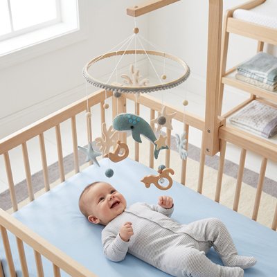 Bébé souriant sous un mobile bebe avec baleine  bleue, étoiles et formes en feutre doux