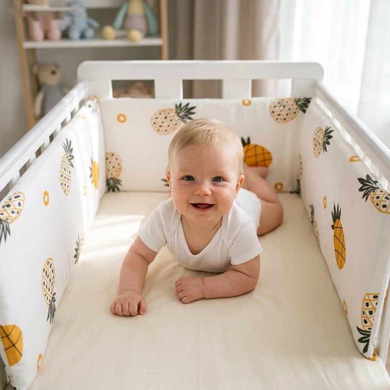 Bébé sourit dans son berceau avec un tour de lit à motifs de petits ananas