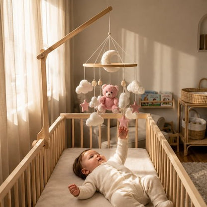 Bébé sourit devant le mobile pour bébé ours rose avec lune nuages et étoiles