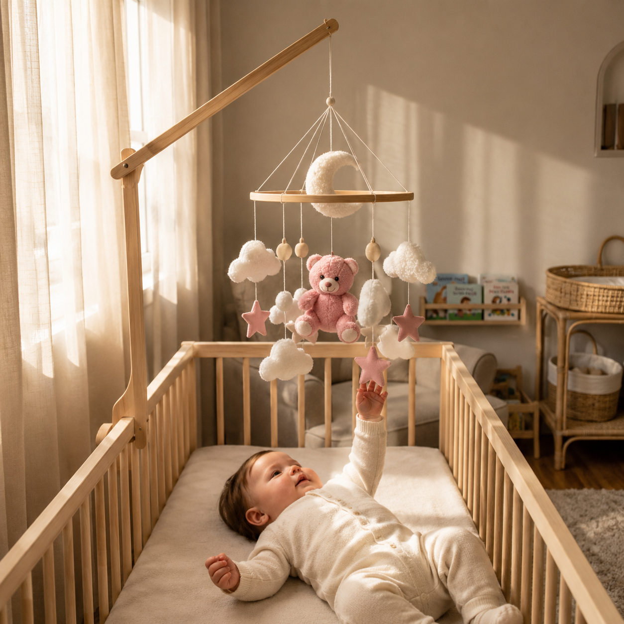 Bébé sourit devant le mobile pour bébé ours rose avec lune nuages et étoiles