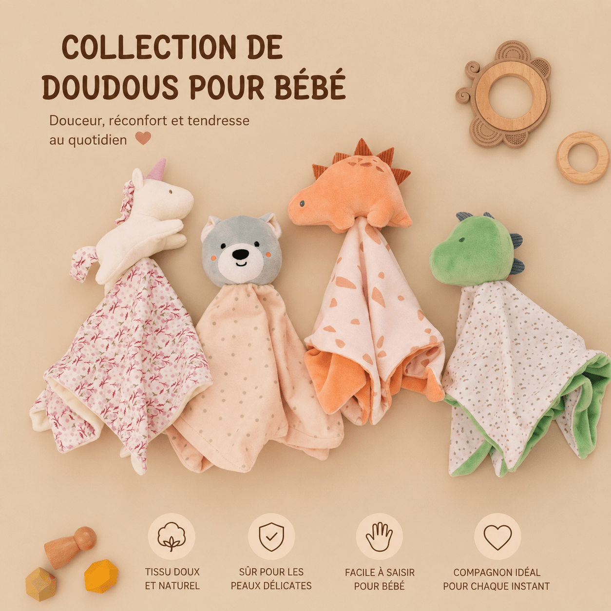 collection de doudou pour bebe en tissu doux licorne ours stegosaure et tyrannosaure Rex
