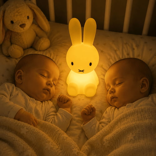 Deux bébés jumeaux dorment paisiblement avec une veilleuse lapin jaune entre eux dans leur lit