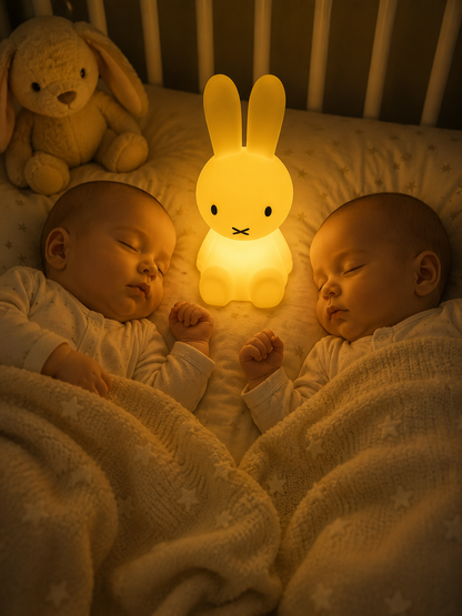 Deux bébés jumeaux dorment paisiblement avec une veilleuse lapin jaune entre eux dans leur lit
