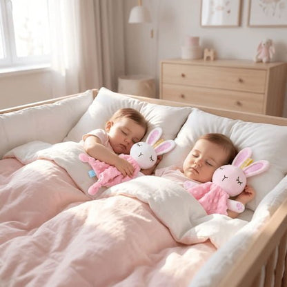 deux jumeaux dorment paisiblement avec un doudou lapin rose tout doux compagnon réconfortant pour des nuits sereines
