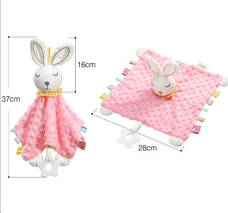 deux vues d un doudou lapin rose avec des dimensions y compris l anneau de dentition