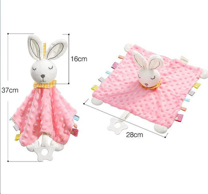 deux vues d un doudou lapin rose avec des dimensions y compris l anneau de dentition