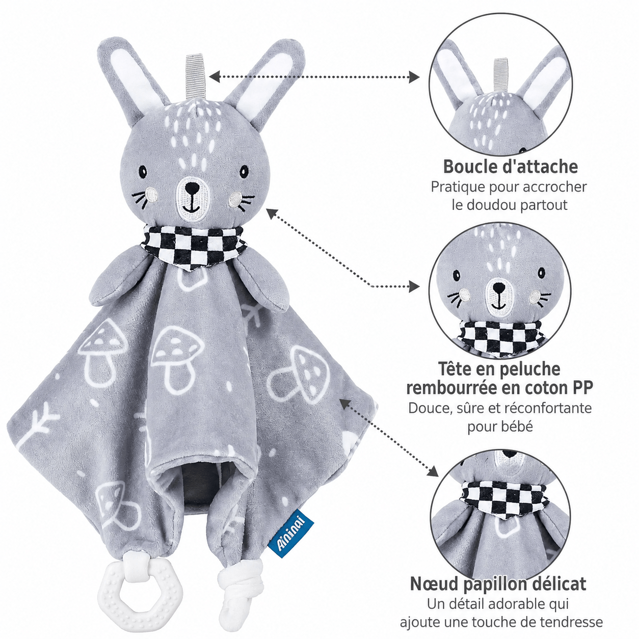 doudou bebe garcon en tissu ultra doux avec anneau de dentition boucle d attache tete en peluche et finitions soignees