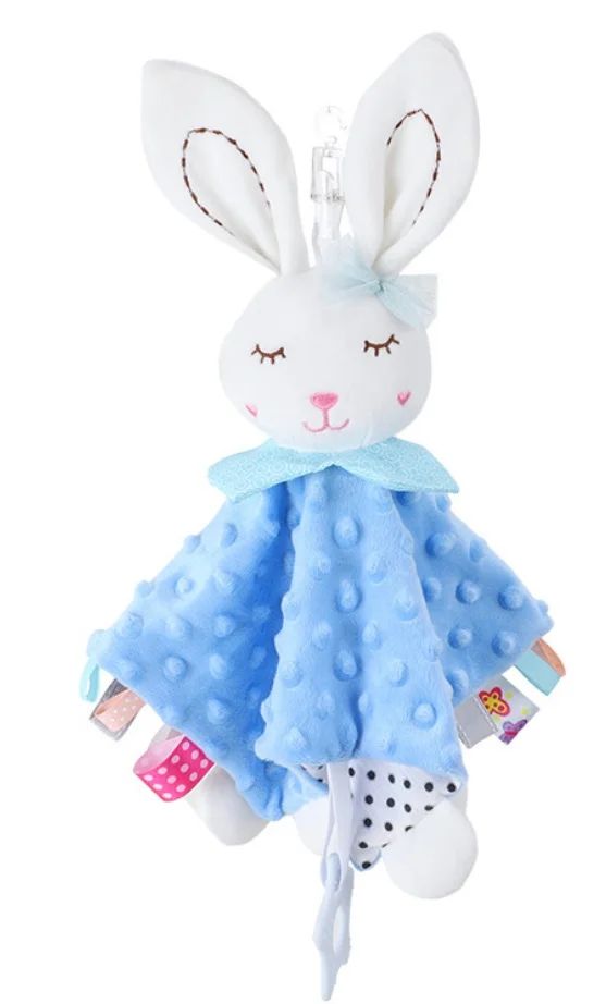 doudou lapin bleu en tissu minky a pois avec rubans d eveil anneau de dentition et attache pour sucette