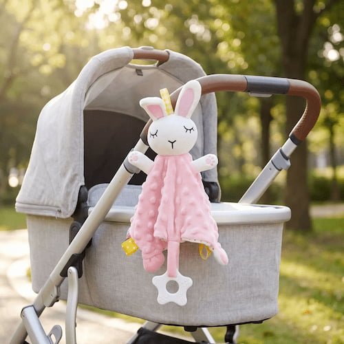 Doudou lapin rose avec anneau de dentition suspendu à une poussette idéal pour rassurer bébé en promenade
