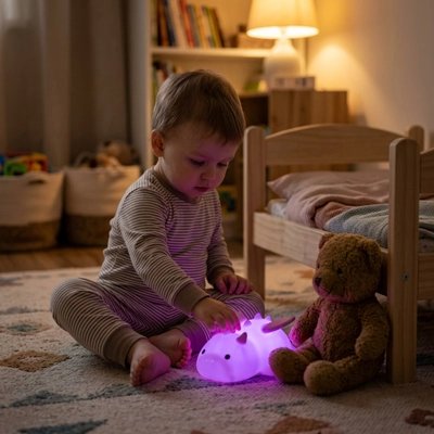 enfant jouant avec une veilleuse bebe dinosaure lumineuse de couleur violette assis au sol dans une chambre chaleureuse
