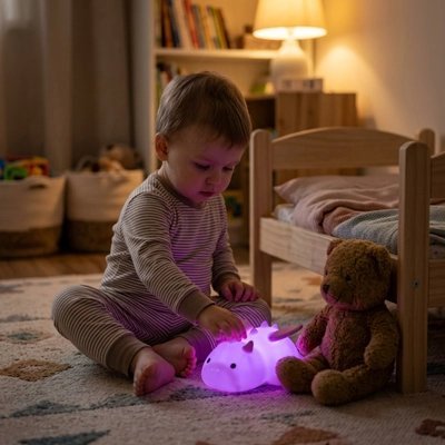 enfant jouant avec une veilleuse bébé dinosaure lumineuse de couleur violette assis au sol dans une chambre chaleureuse