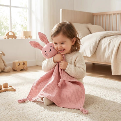 fille souriante tenant son doudou lapin rose un compagnon  doux qui apporte reconfort tendresse et securite au quotidien