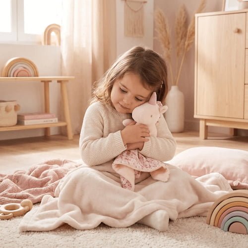 fillette serrant un doudou pour bebe tout doux dans sa chambre chaleureuse aux tons rose et beige