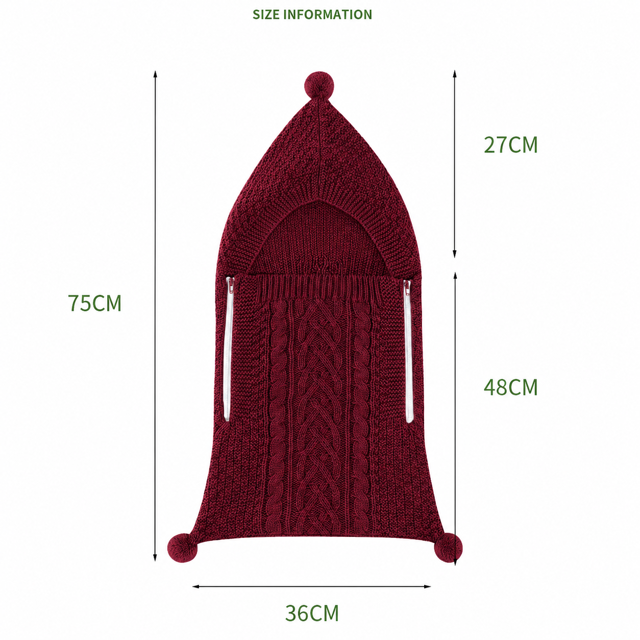 guide des dimensions du nid d ange bebe en maille tricotee avec mesures detaillees de la capuche et du corps